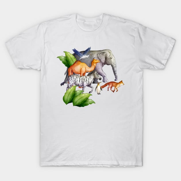 Wild Life Animal Watercolor T-Shirt by Mako Design 